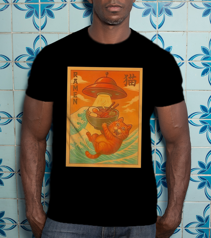 Ramen Cat UFO Funny Japanese Anime Retro Wave Scene T-Shirt