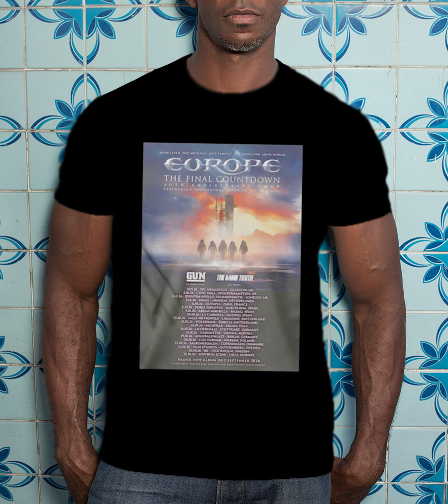 Europe The Final Countdown 40th Anniversary Tour 2026 Featuring Gun And The Damn Truth Live Performances And New Album Release Dates T-Shirt