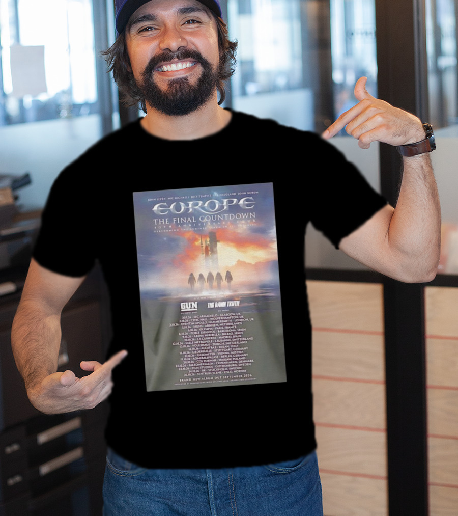 Europe The Final Countdown 40th Anniversary Tour 2026 Featuring Gun And The Damn Truth Live Performances And New Album Release Dates T-Shirt