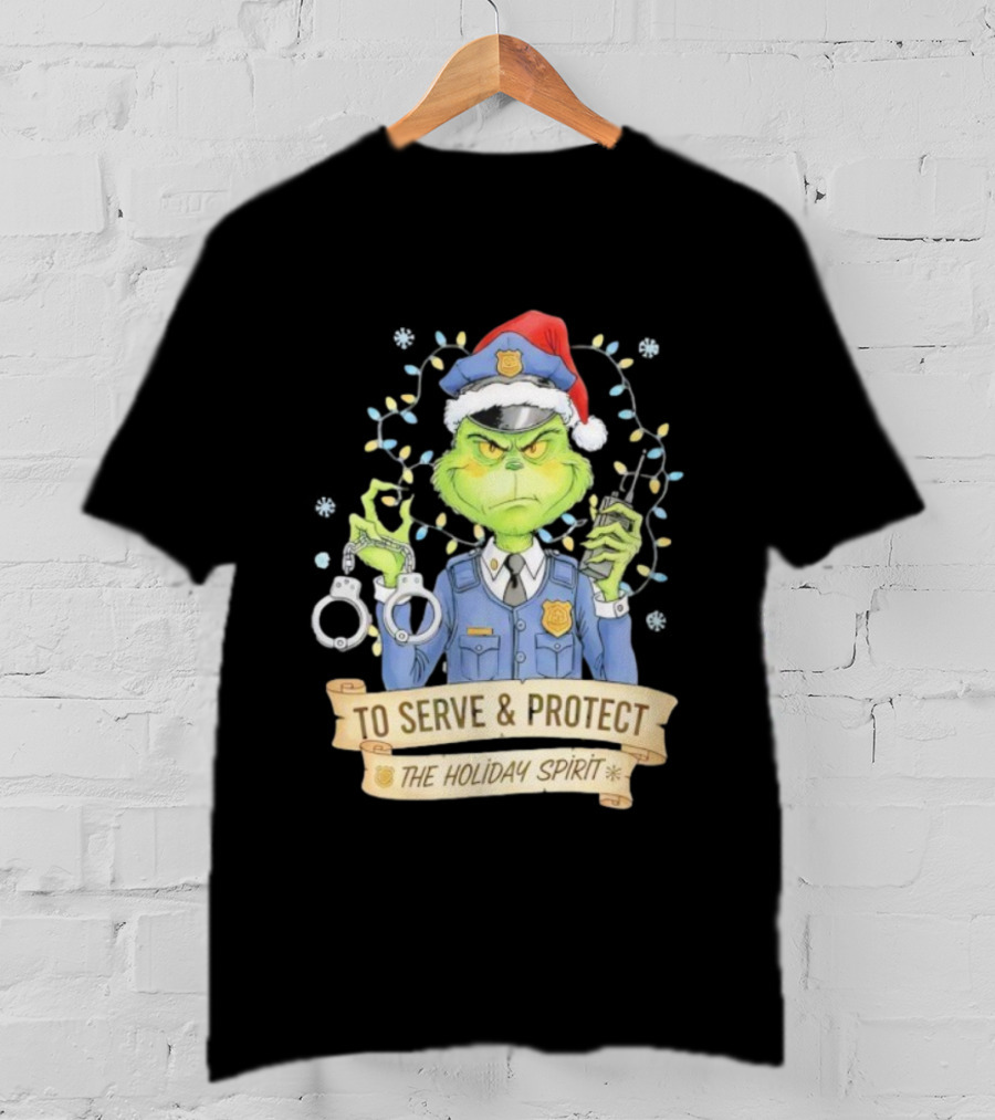 Grinch Police To Serve Protect Holiday Spirit Christmas Lights Handcuffs T-Shirt