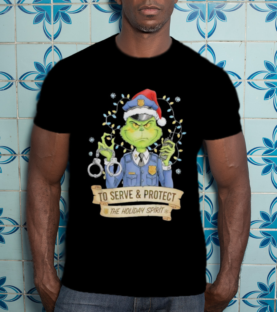 Grinch Police To Serve Protect Holiday Spirit Christmas Lights Handcuffs T-Shirt