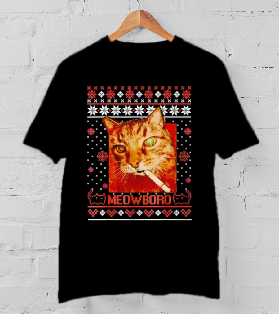 Meowboro Smoking Cat Christmas Ugly Funny Holiday T-Shirt