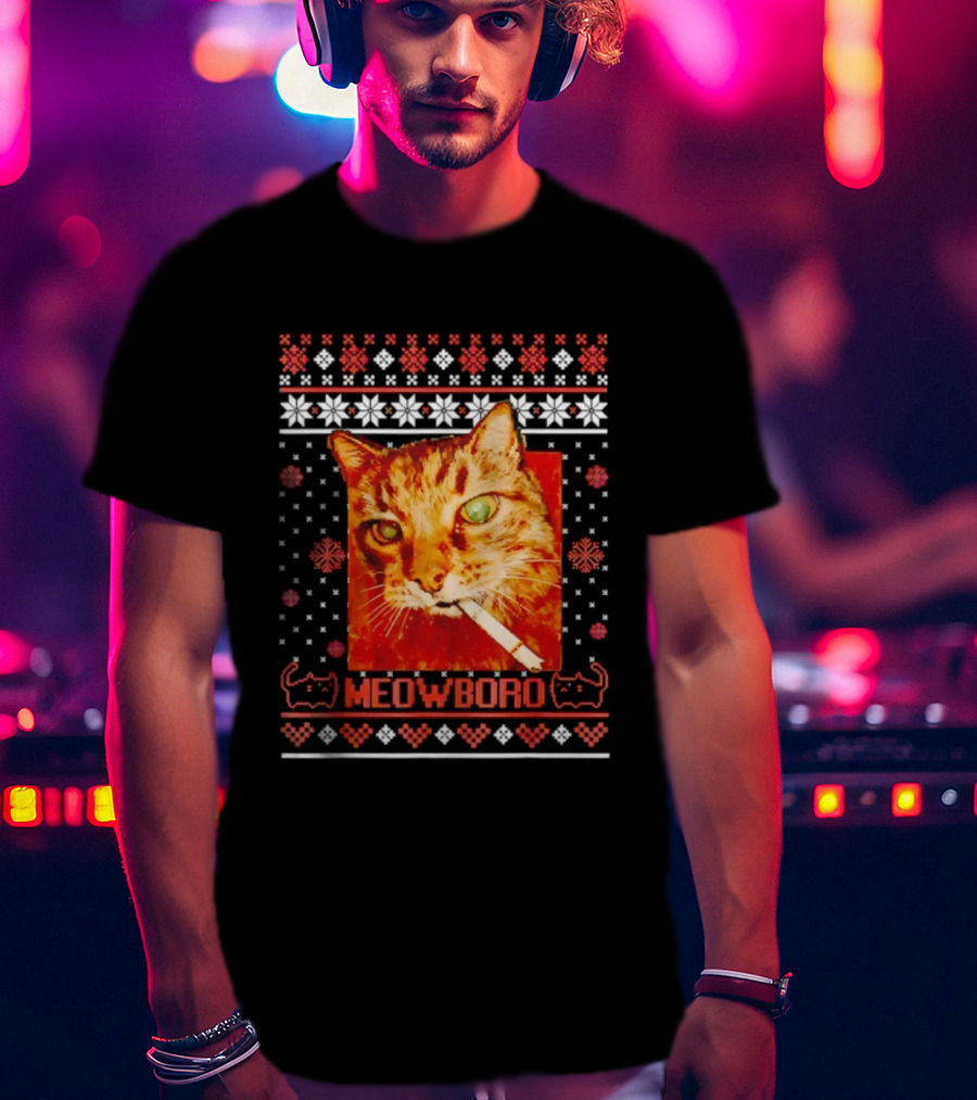 Meowboro Smoking Cat Christmas Ugly Funny Holiday T-Shirt