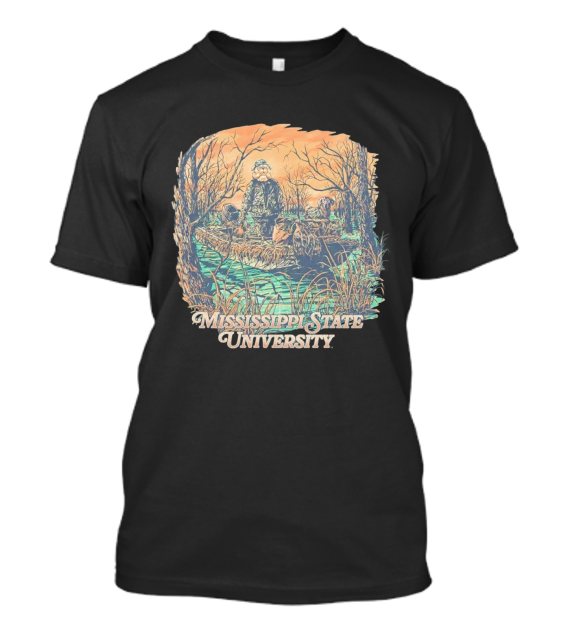 Mississippi State University Bully Duck Hunt Scene With Dog And Forest T-Shirt