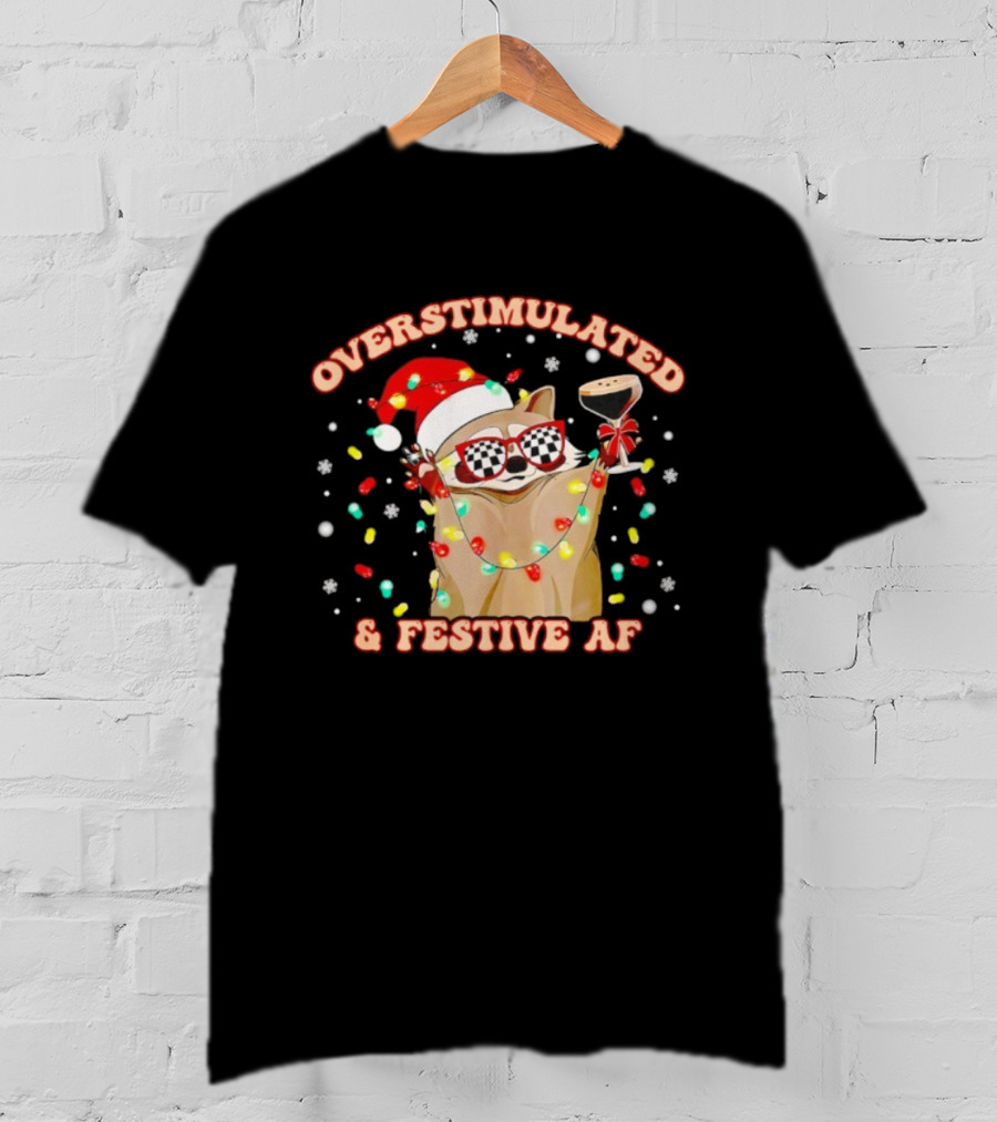 Overstimulated Raccoon Santa Hat And Festive Lights Holding Holiday Drink T-Shirt