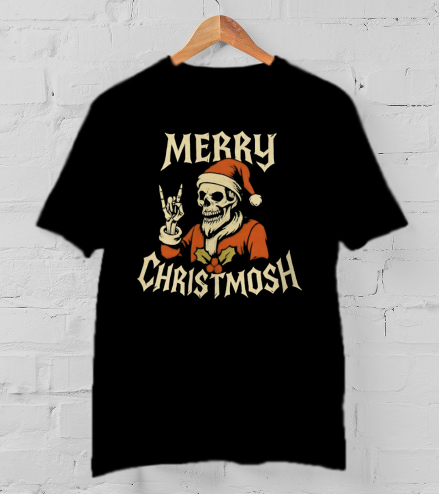 Santa Skeleton Rock And Roll Hand Merry Christmosh Christmas T-Shirt
