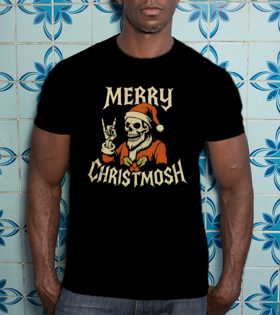 Santa Skeleton Rock And Roll Hand Merry Christmosh Christmas T-Shirt