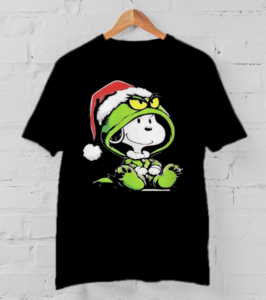 Snoopy Grinch Christmas Santa Hat Character Crossover T-Shirt