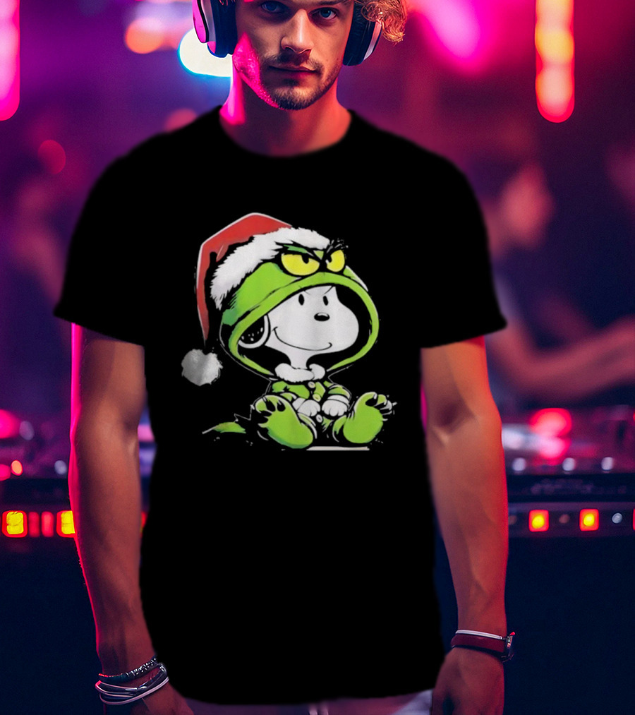 Snoopy Grinch Christmas Santa Hat Character Crossover T-Shirt