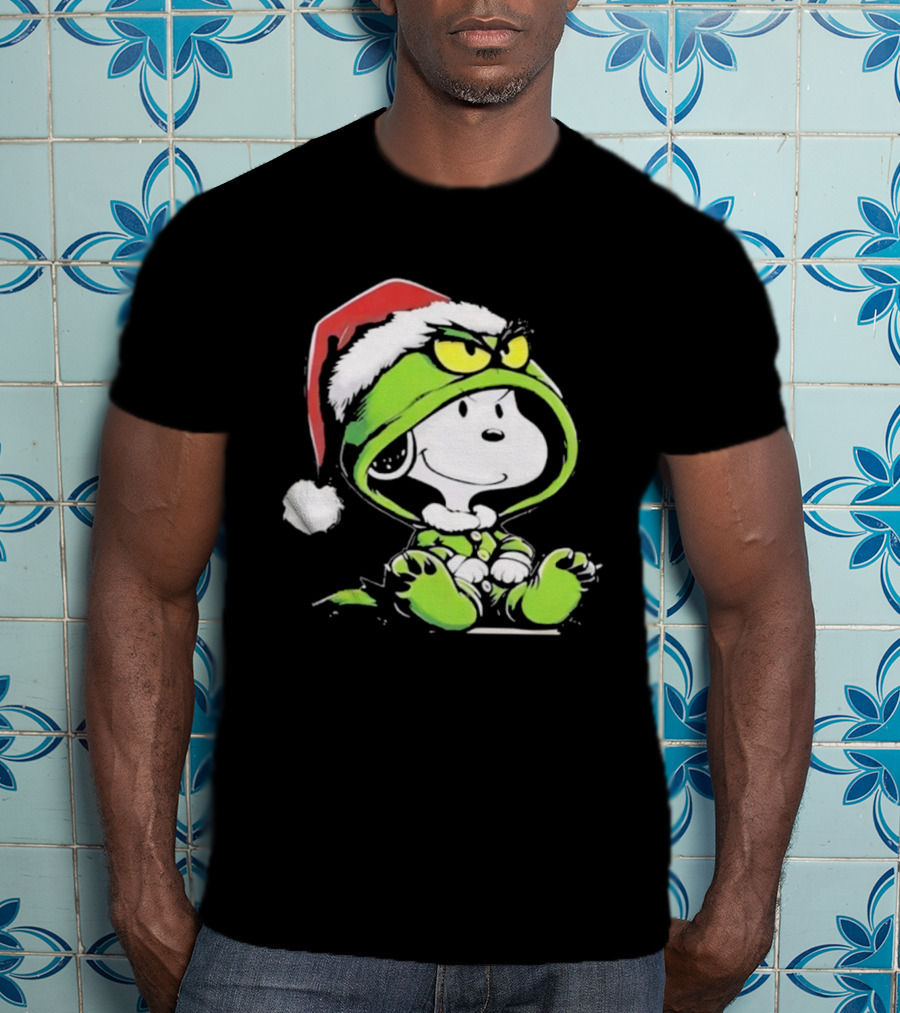 Snoopy Grinch Christmas Santa Hat Character Crossover T-Shirt