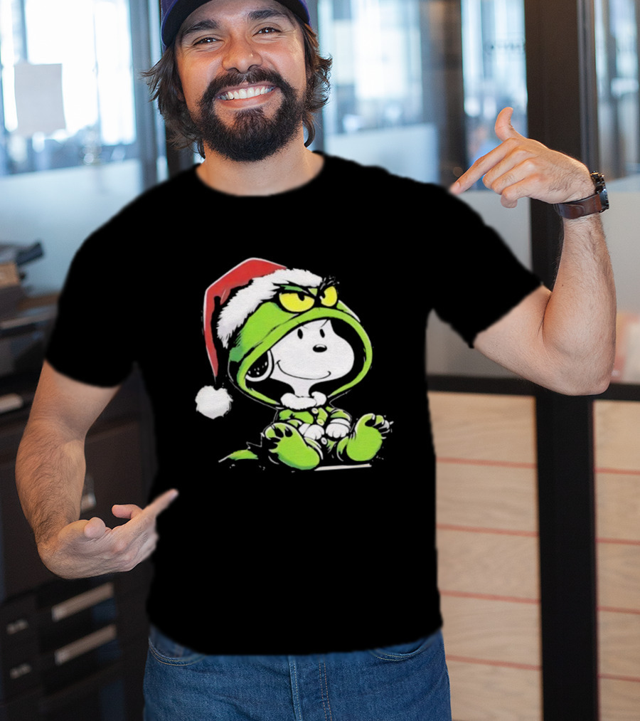Snoopy Grinch Christmas Santa Hat Character Crossover T-Shirt