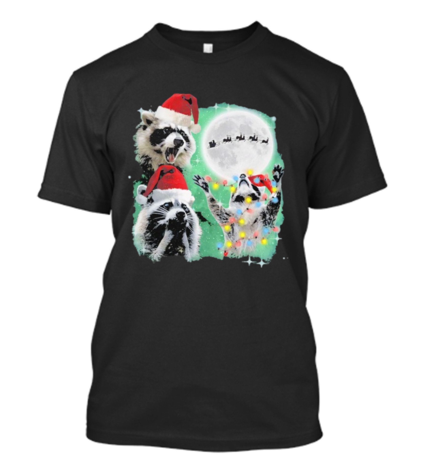 Three Raccoons Santa Hats Christmas Moon Lights Sleigh T-Shirt