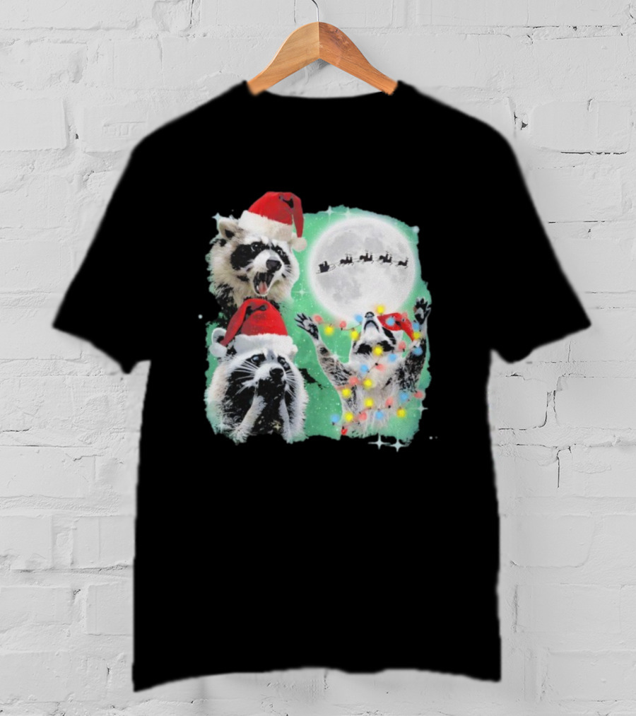 Three Raccoons Santa Hats Christmas Moon Lights Sleigh T-Shirt