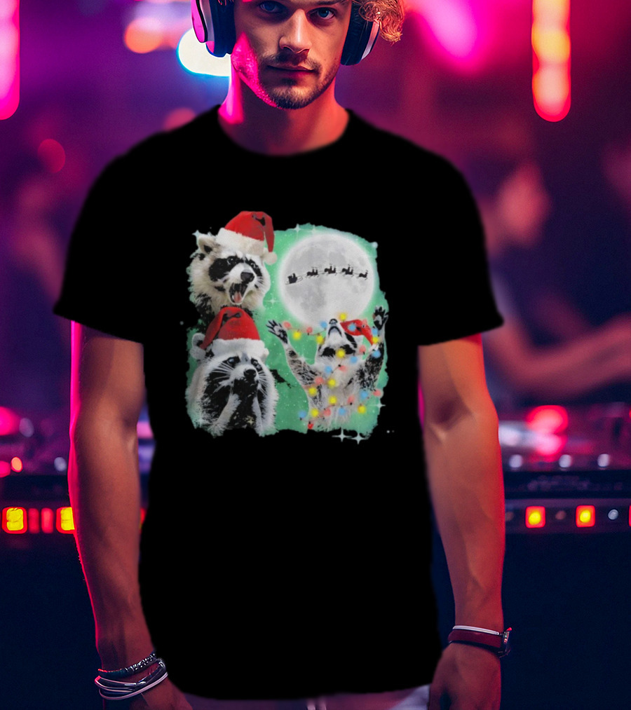 Three Raccoons Santa Hats Christmas Moon Lights Sleigh T-Shirt