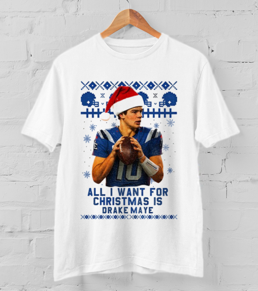 Drake Maye Santa Hat New England Patriots Football Christmas Wishes T-Shirt