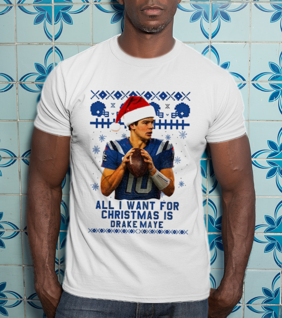Drake Maye Santa Hat New England Patriots Football Christmas Wishes T-Shirt