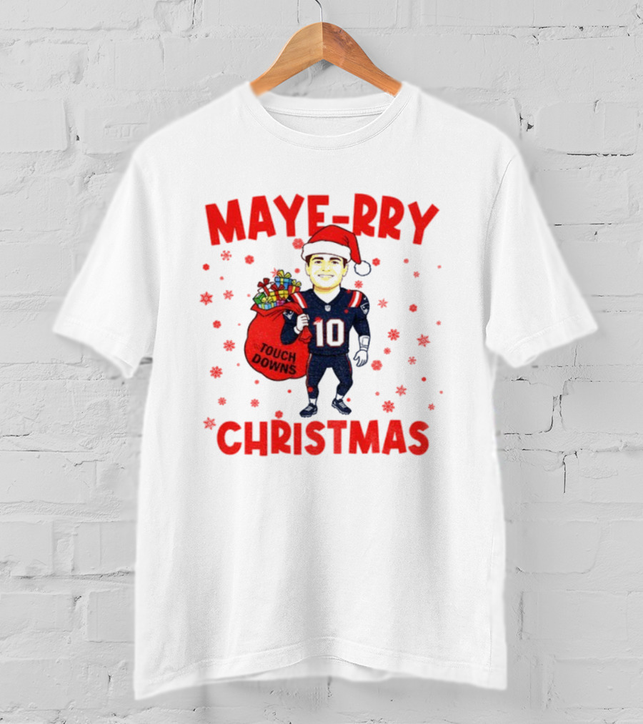 Maye-rry Christmas Drake Maye Santa Hat Touchdowns T-Shirt