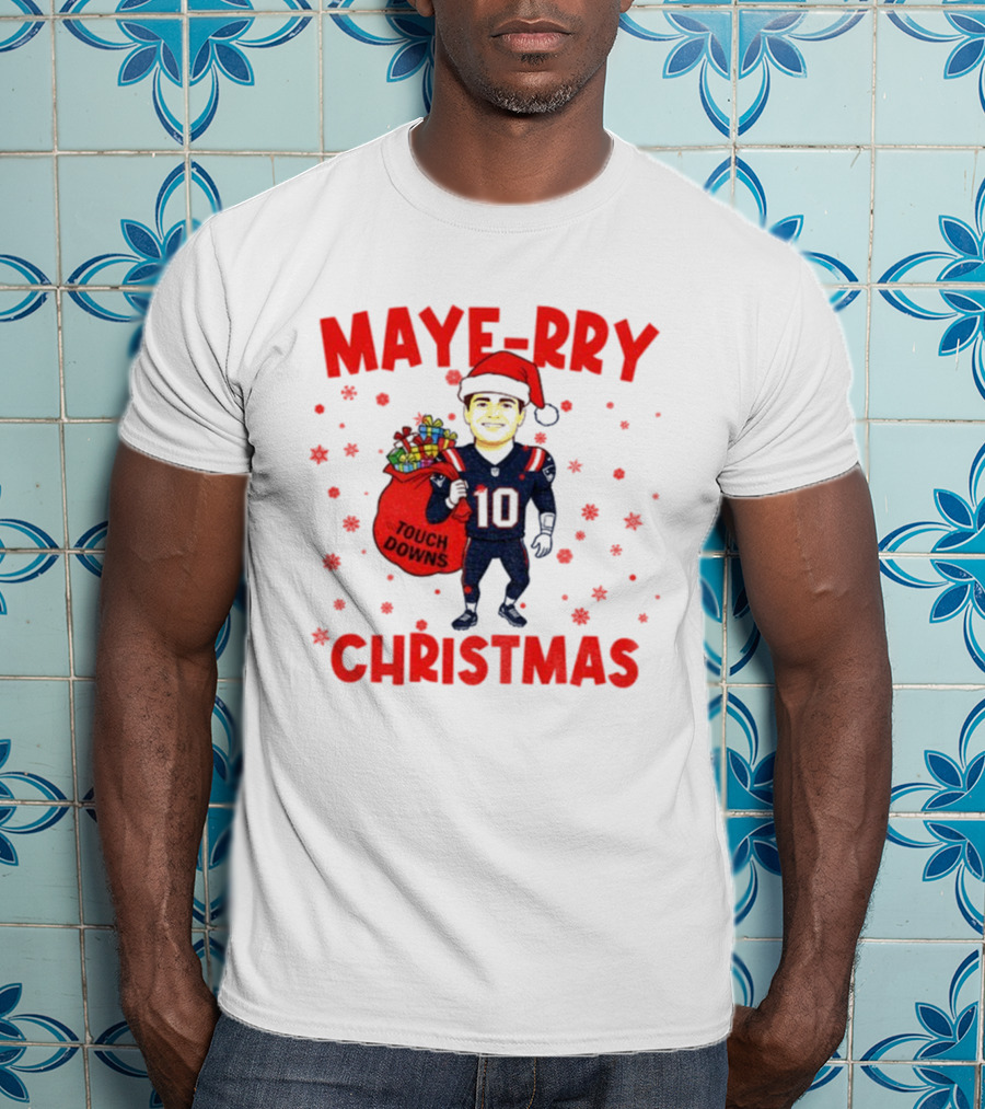 Maye-rry Christmas Drake Maye Santa Hat Touchdowns T-Shirt