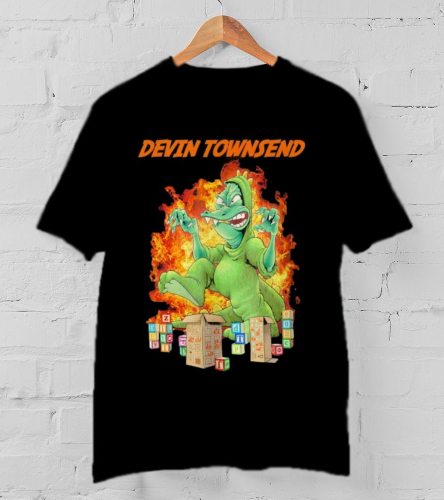 Devin Townsend Godziltoid Cartoon Dinosaur Blocks Fire Design T-Shirt