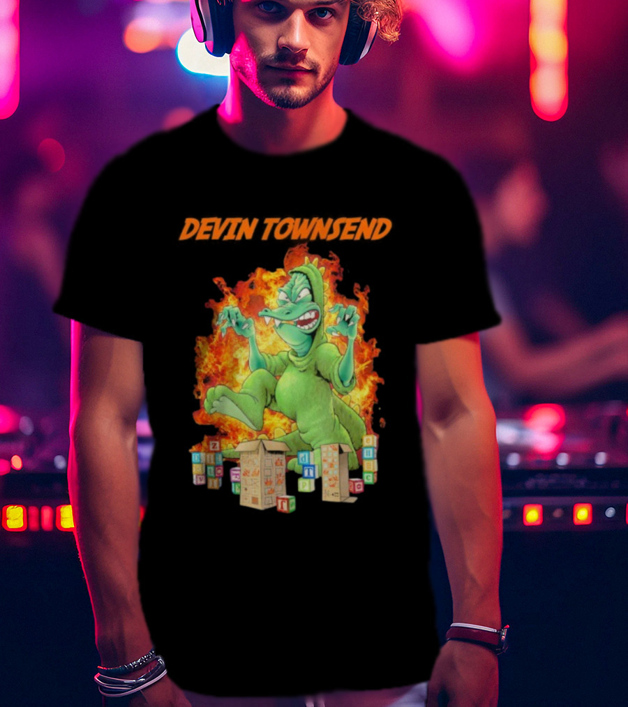 Devin Townsend Godziltoid Cartoon Dinosaur Blocks Fire Design T-Shirt
