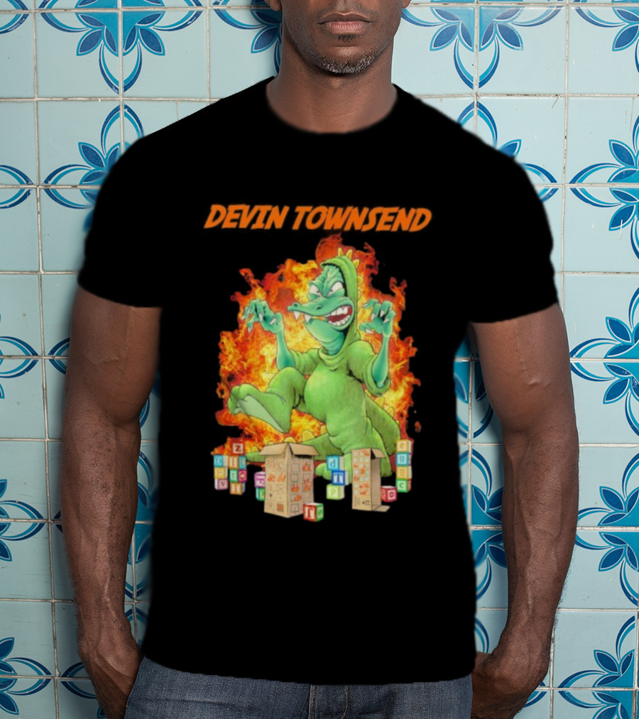 Devin Townsend Godziltoid Cartoon Dinosaur Blocks Fire Design T-Shirt
