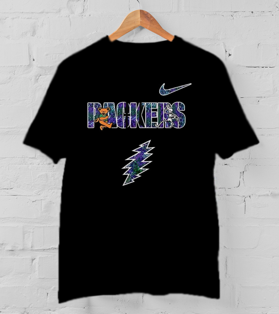 Packers Grateful Dead Bear Skeleton Nike Lightning Bolt T-Shirt