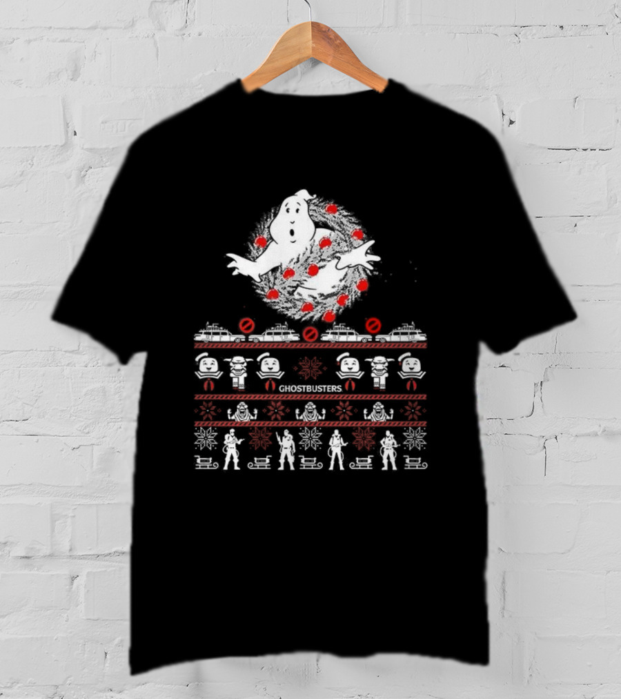 Ghostbusters Movie Christmas Sweater Style Ectomobile And Marshmallow Man T-Shirt