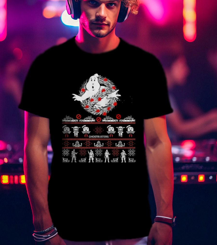 Ghostbusters Movie Christmas Sweater Style Ectomobile And Marshmallow Man T-Shirt