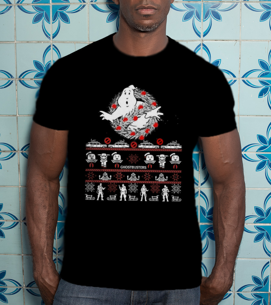 Ghostbusters Movie Christmas Sweater Style Ectomobile And Marshmallow Man T-Shirt