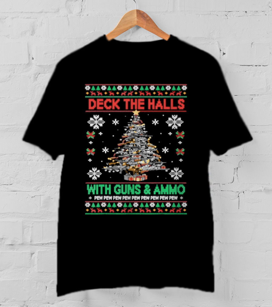 Retro Deck The Halls With Guns And Ammo Funny Christmas Tree Snowflakes Holiday T-Shirt