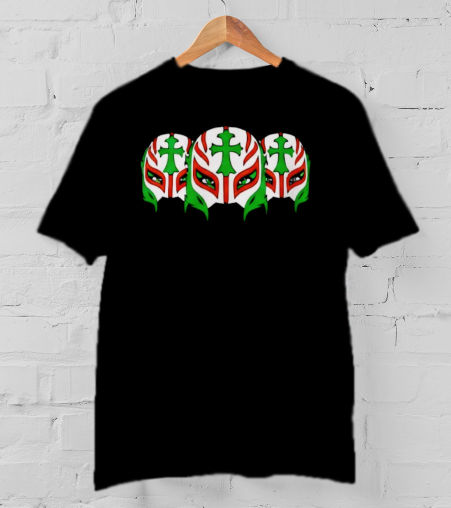 Rey Mysterio Three Mexican Flag Color Masks With Green Cross T-Shirt