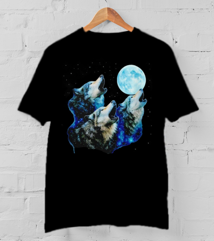 Three Wolves Howling At Cyan Moon Cosmic Night Glow T-Shirt