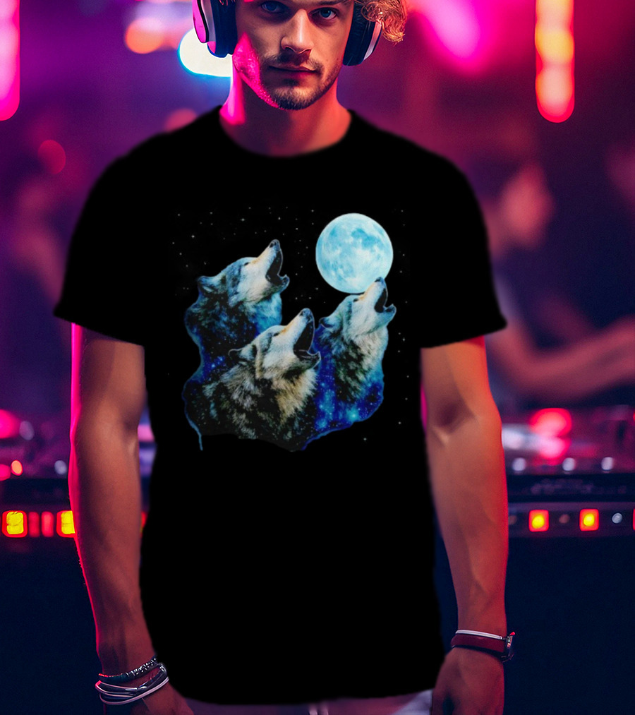 Three Wolves Howling At Cyan Moon Cosmic Night Glow T-Shirt