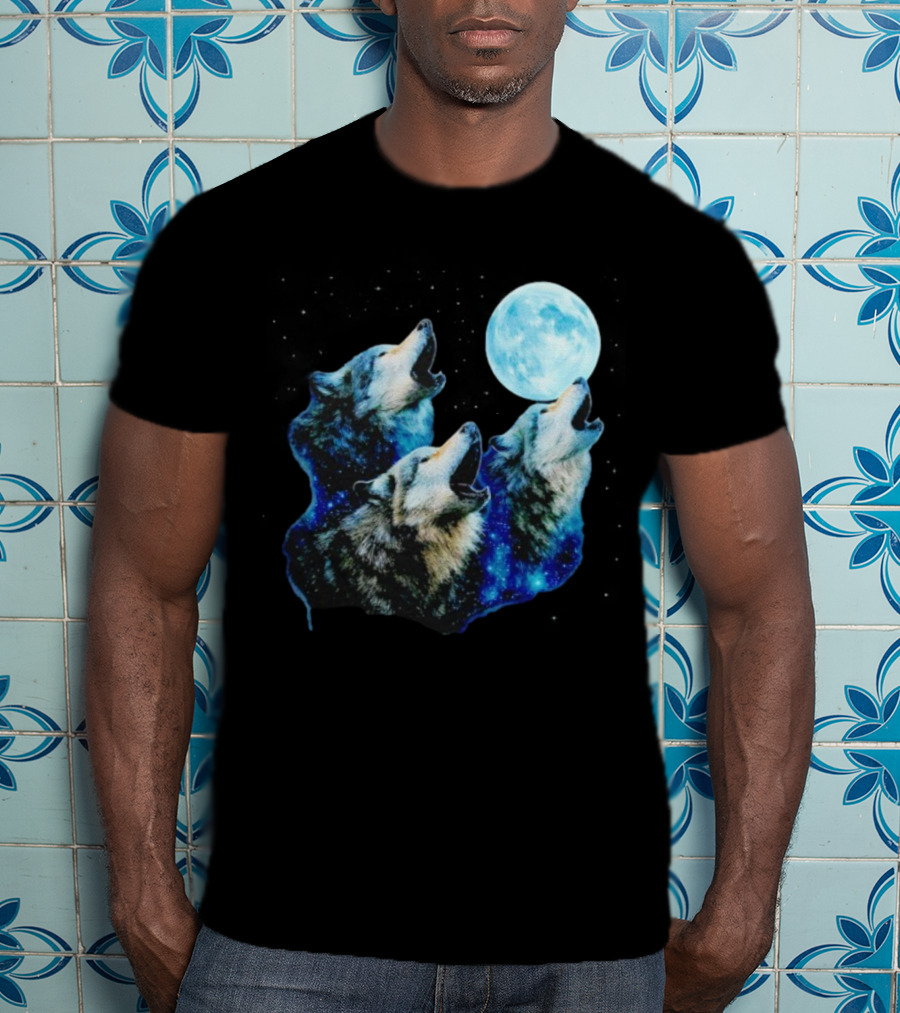 Three Wolves Howling At Cyan Moon Cosmic Night Glow T-Shirt