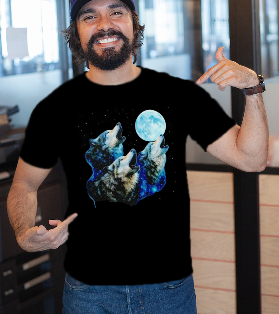 Three Wolves Howling At Cyan Moon Cosmic Night Glow T-Shirt