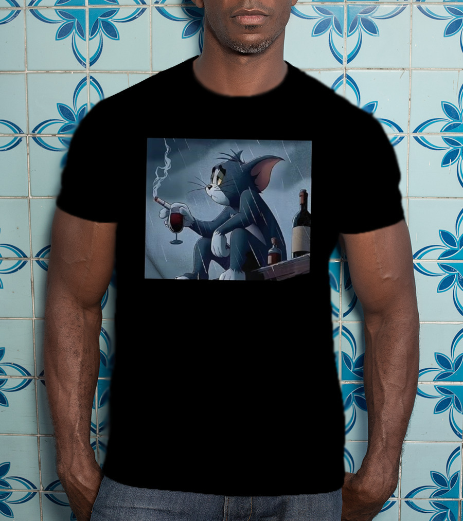 Tom Pensive And Sad Smoking In The Rain With Wine And Bottles T-Shirt