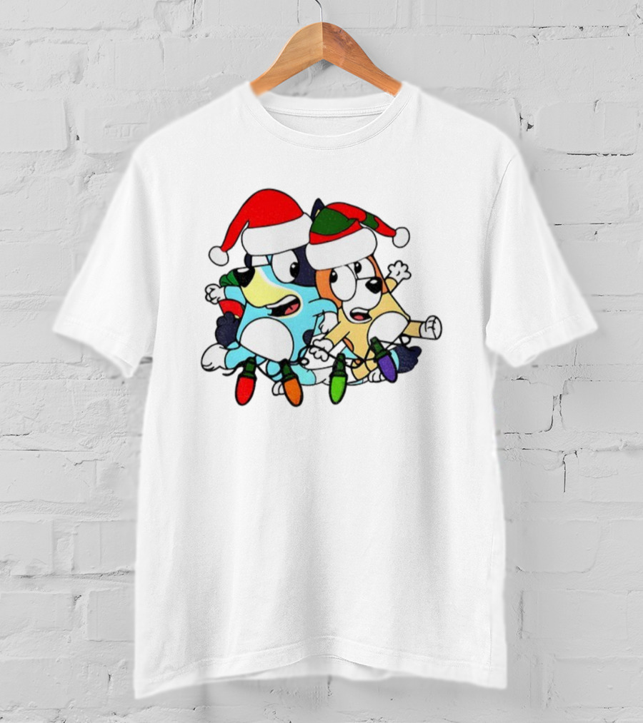 Bluey And Bingo Santa Hat Christmas Lights Merry Christmas 2025 Holiday Fun T-Shirt