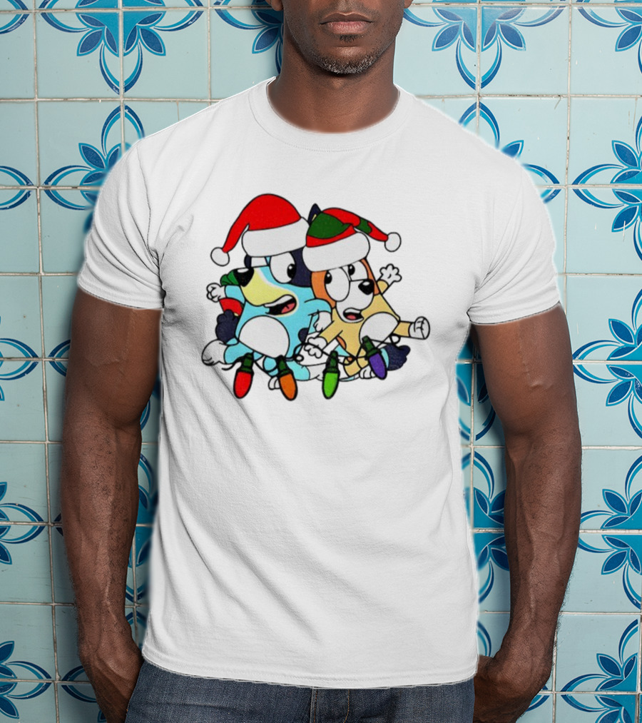 Bluey And Bingo Santa Hat Christmas Lights Merry Christmas 2025 Holiday Fun T-Shirt