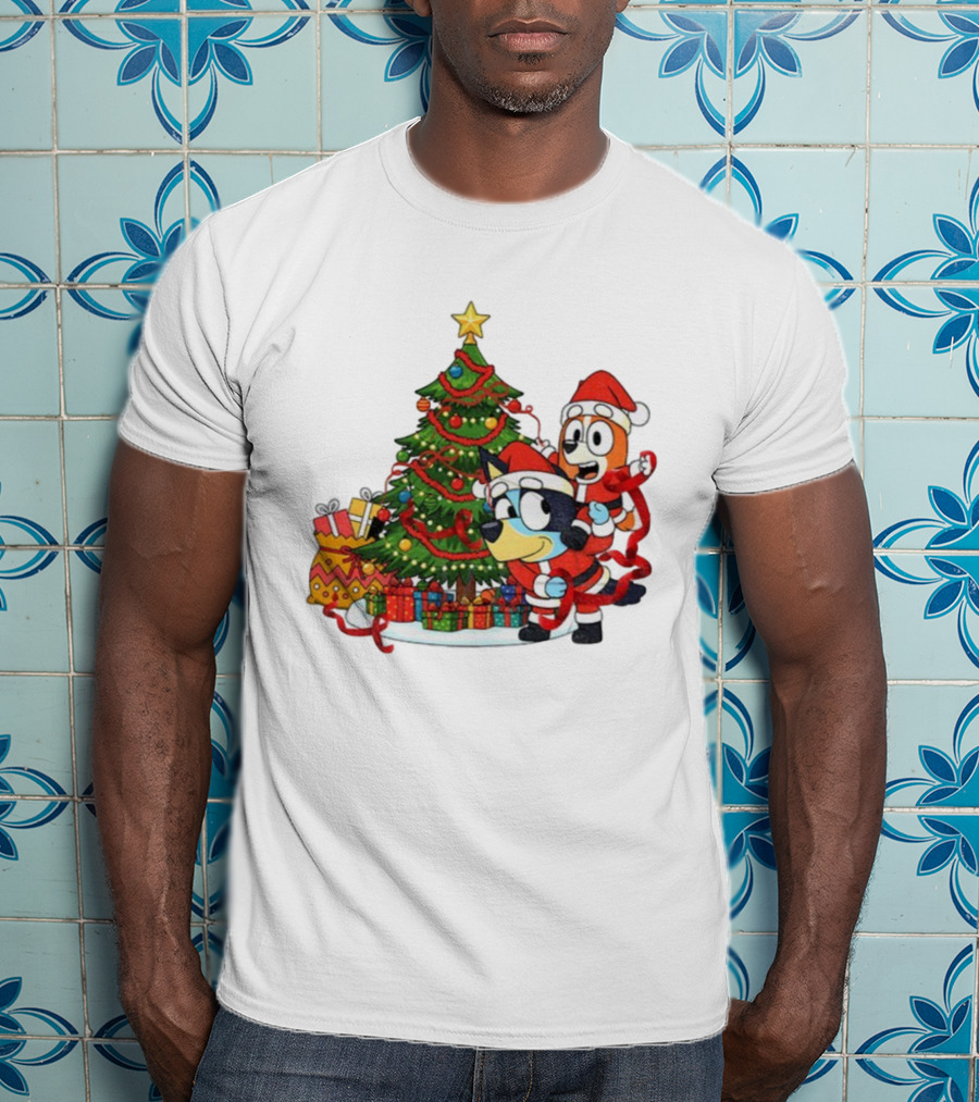 Bluey Bingo Christmas Tree Santa Hat Merry Christmas T-Shirt