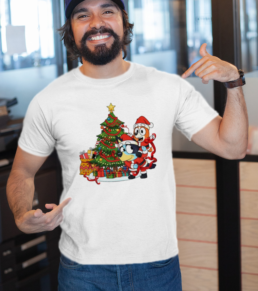 Bluey Bingo Christmas Tree Santa Hat Merry Christmas T-Shirt
