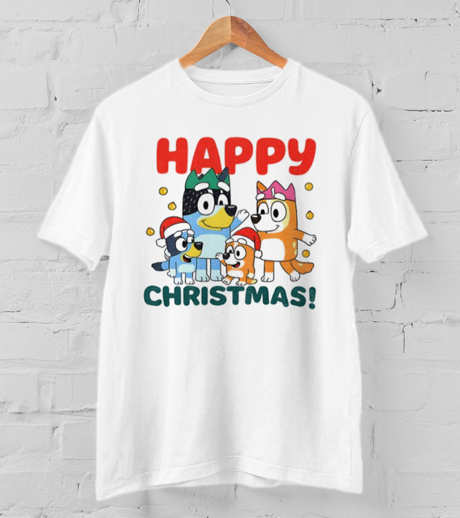 Bluey Family Happy Christmas Santa Hat Celebration T-Shirt