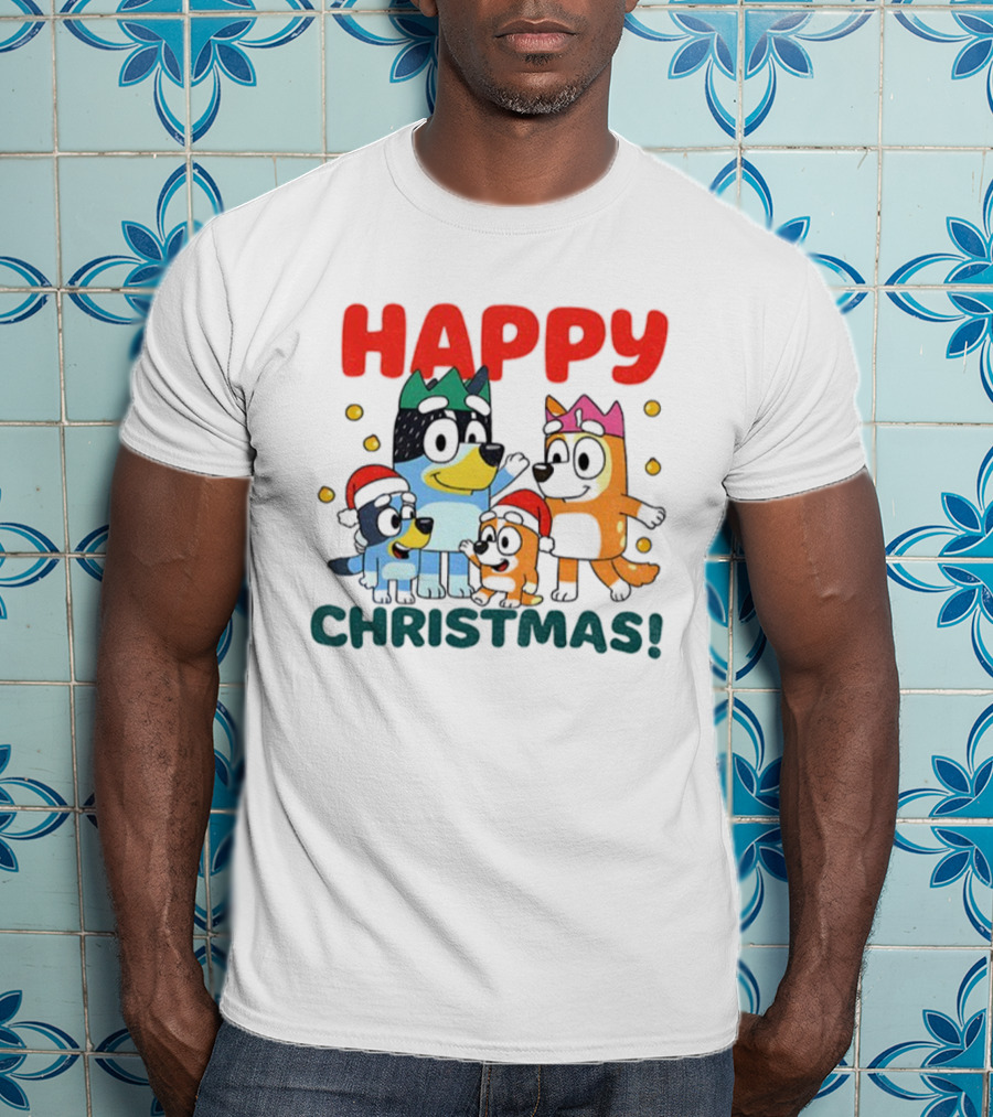 Bluey Family Happy Christmas Santa Hat Celebration T-Shirt