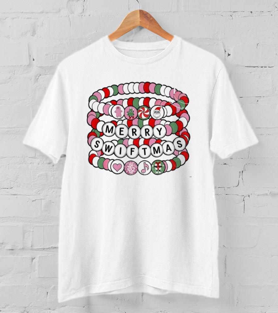 Merry Swiftmas Friendship Bracelet Christmas Beads Pink Red Green Holiday Icons T-Shirt