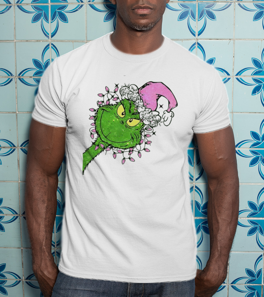 Pink Santa Grinch Feeling Extra Grinchy Today Christmas Lights T-Shirt