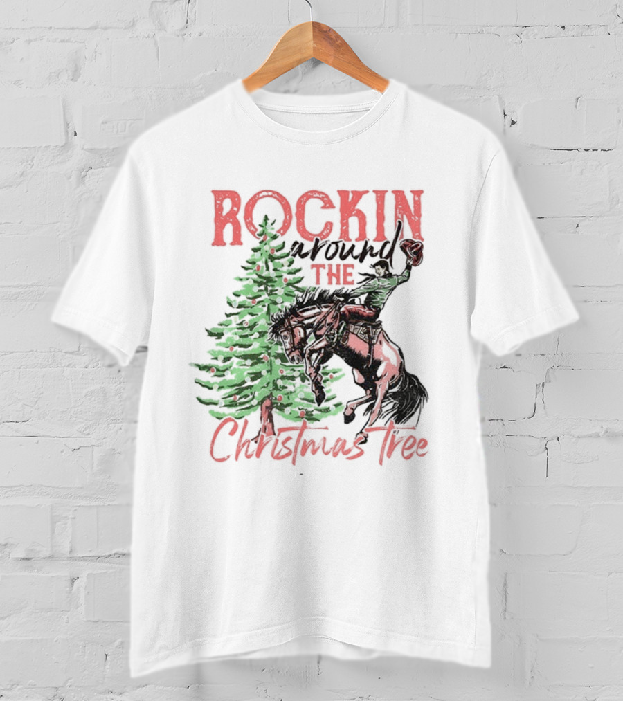 Rockin Around The Christmas Tree Cowboy Country Retro Christmas Cowboy And Tree T-Shirt