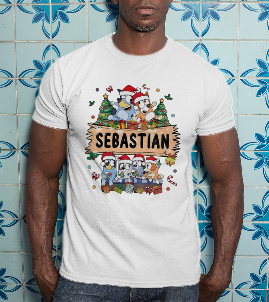 Sebastian Bluey Family Christmas Santa Hats Holiday Celebration T-Shirt