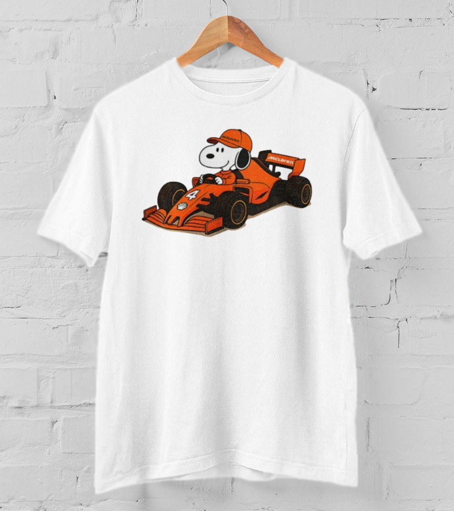 Snoopy Driving McLaren Formula One Car With Number 4 Racing Cap T-Shirt