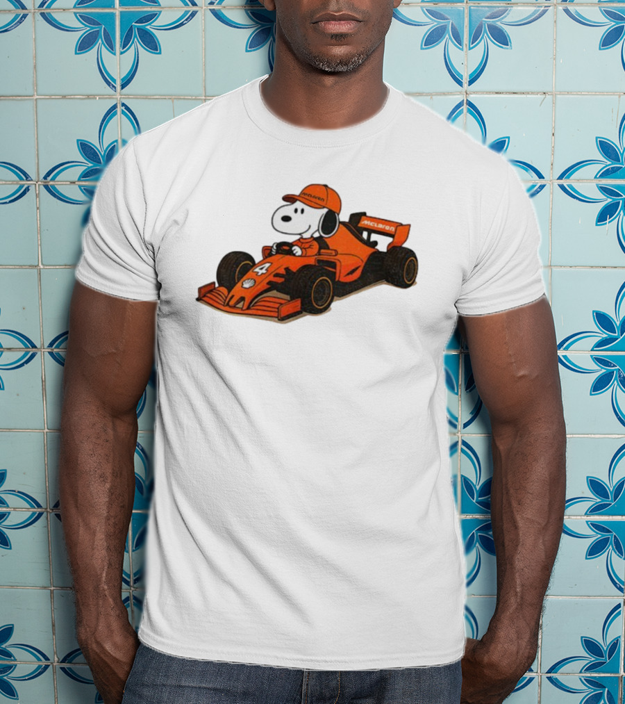 Snoopy Driving McLaren Formula One Car With Number 4 Racing Cap T-Shirt