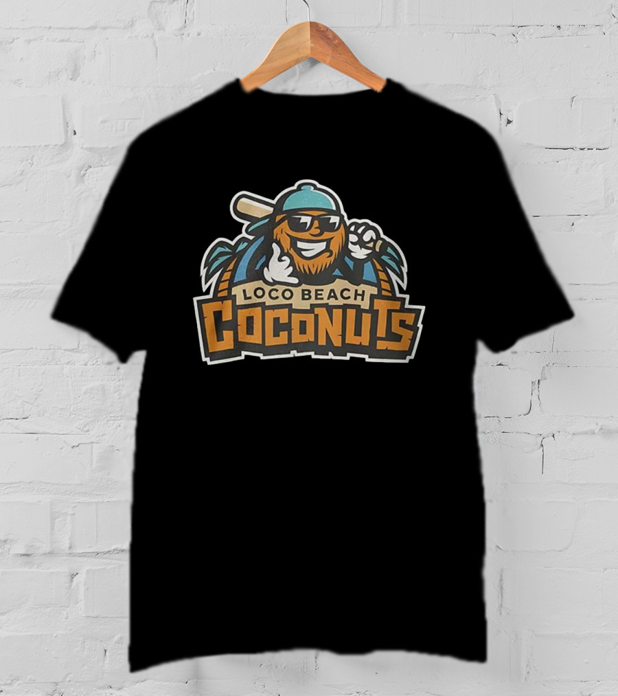 Loco Beach Coconuts Baseball Cartoon Character With Sunglasses And Bat T-Shirt