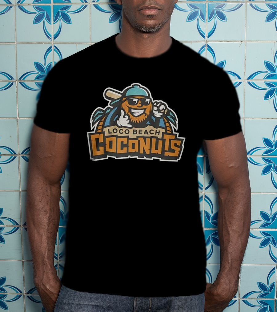 Loco Beach Coconuts Baseball Cartoon Character With Sunglasses And Bat T-Shirt